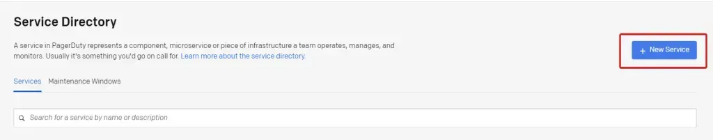 Service Directory de PagerDuty, avec le bouton New Service pour créer le service qui recevra les alertes Centreon