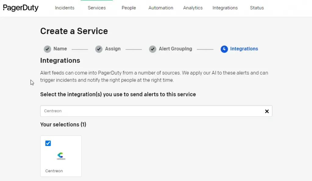 Création d'un service PagerDuty, étape Integrations : sélection de l'intégration Centreon pour envoyer les alertes vers ce service
