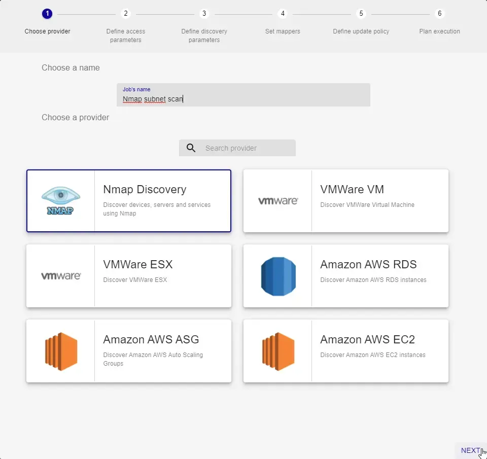 Centreon host discovery wizard, step 1: job named Nmap subnet scan and Nmap Discovery provider selected among VMware and Amazon AWS providers