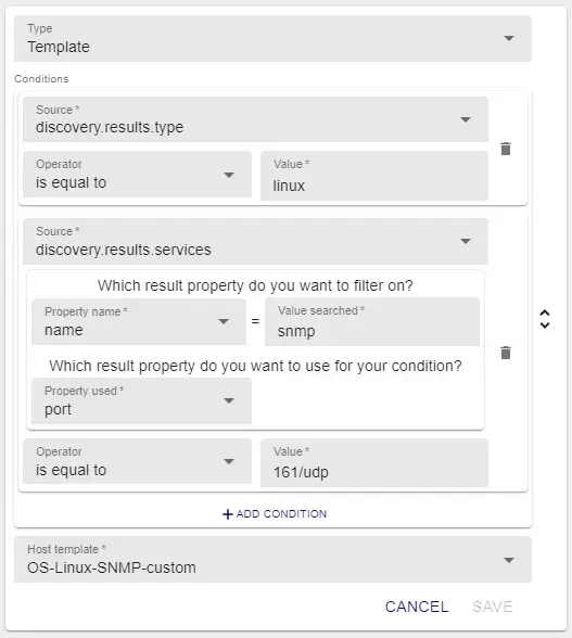 Centreon discovery mapper applying the OS-Linux-SNMP-Custom template only when the result type is linux and an SNMP service is detected on port 161/udp