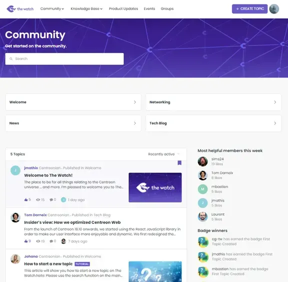 Community section of The Watch with Welcome, Networking, News and Tech Blog topics, recent posts and most helpful members of the week
