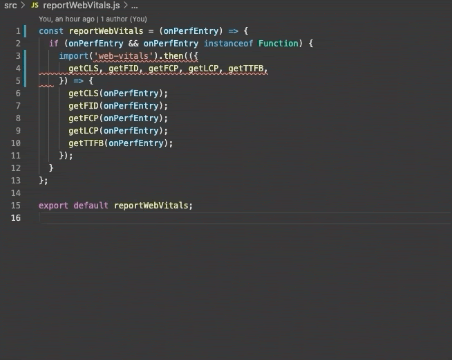VS Code editor where saving reportWebVitals.js automatically fixes the ESLint and Prettier formatting issues