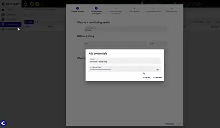 Assistant de configuration du connecteur IP Fabric dans Centreon : choix du serveur de supervision, proxy et ajout des identifiants de l'API IP Fabric