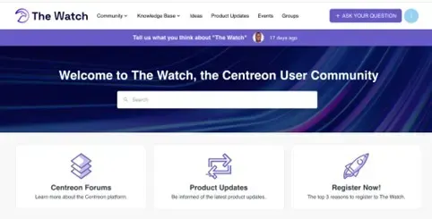 Home page of The Watch, the Centreon user community: search bar, Ask your question button and links to Centreon Forums, Product Updates and registration