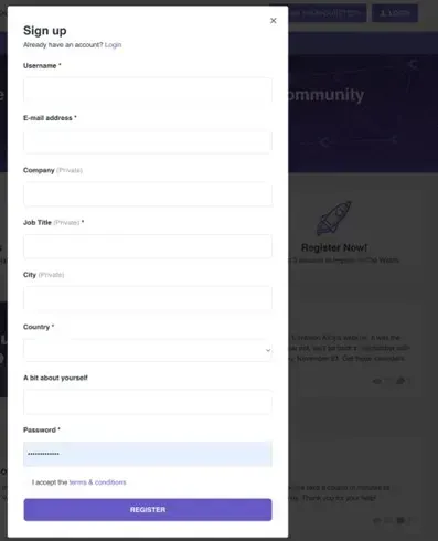 The Watch sign-up form: username, email address, company, job title, city, country, a short bio and password
