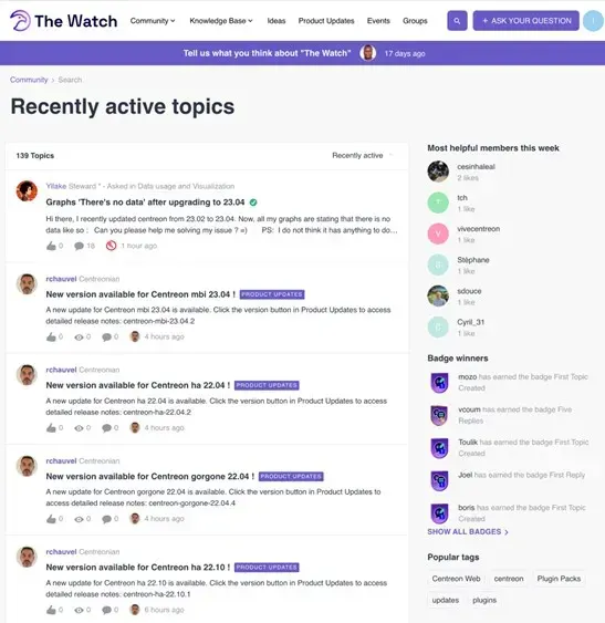 Recently active topics page in The Watch, listing community questions and product update announcements, with the most helpful members and latest badge winners