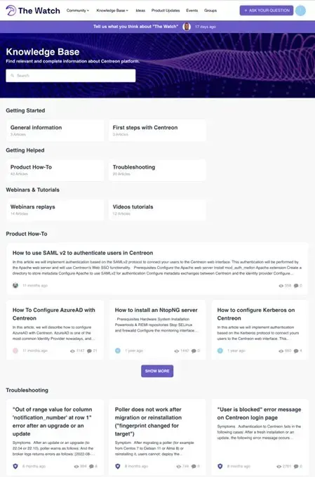 The Watch Knowledge Base: Getting Started, Product How-To, Troubleshooting and webinar sections, with how-to articles such as SAML v2 authentication or Kerberos configuration