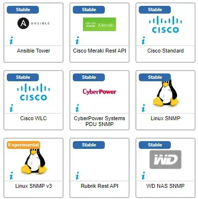 Les 9 connecteurs ayant évolué en octobre 2024 : Ansible Tower, Cisco Meraki, Cisco Standard, Cisco WLC, CyberPower PDU, Linux SNMP, Linux SNMP v3 (Experimental), Rubrik Rest API et WD NAS SNMP