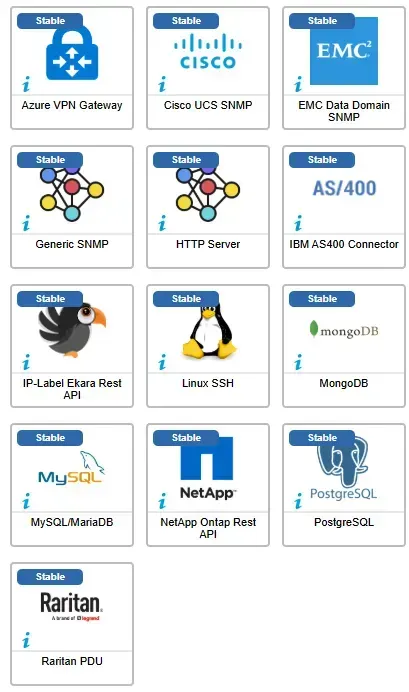 Les 13 connecteurs corrigés en mars 2025, dont Azure VPN Gateway, Cisco UCS SNMP, EMC Data Domain, Generic SNMP, HTTP Server, IBM AS400, Linux SSH, MongoDB, NetApp, PostgreSQL et Raritan PDU