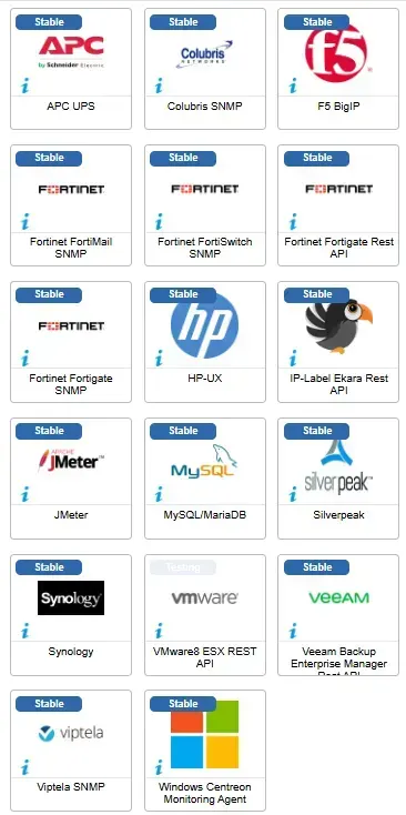 Les 17 connecteurs ayant évolué en avril 2025, dont APC UPS, F5 BigIP, 4 connecteurs Fortinet, HP-UX, IP-Label Ekara, JMeter, MySQL/MariaDB, Synology, Veeam et Windows Centreon Monitoring Agent