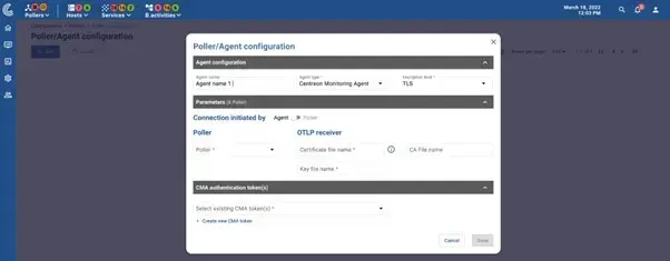 Fenêtre Poller/Agent configuration de Centreon : agent de type Centreon Monitoring Agent en TLS, sens de connexion, récepteur OTLP, certificats et jeton d'authentification CMA
