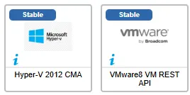 Les 2 nouveaux connecteurs de supervision de septembre 2025, marqués Stable : Hyper-V 2012 CMA et VMware8 VM REST API