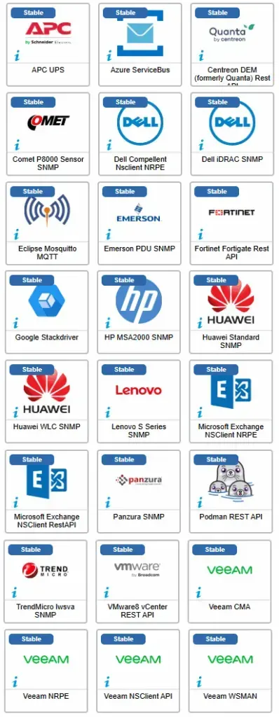 Les 24 connecteurs corrigés en novembre 2025, dont APC UPS, Azure ServiceBus, Centreon DEM, Dell, Eclipse Mosquitto MQTT, Fortinet, Huawei, Lenovo, Exchange, Podman, VMware8 vCenter et Veeam