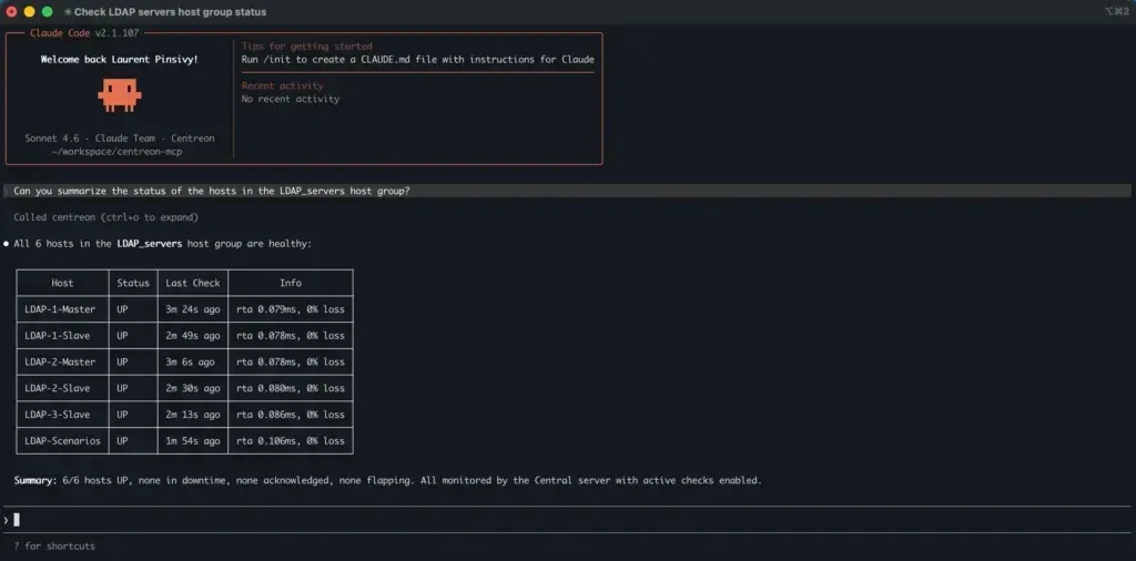 Claude Code terminal querying the Centreon MCP Server: all 6 hosts of the LDAP_servers host group are UP, with their last check and ping results