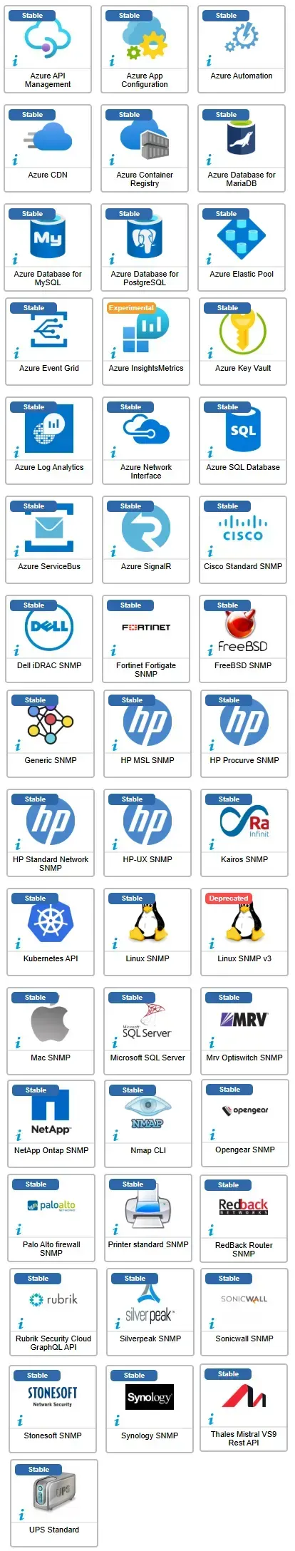 Les quelque 50 connecteurs ayant évolué en juin 2026, dont une vingtaine de connecteurs Azure, Cisco Standard SNMP, Dell iDRAC, Fortinet Fortigate, HP, Kubernetes API, Linux SNMP, NetApp et Palo Alto