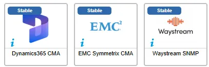The 3 new monitoring connectors of July 2026, marked Stable: Dynamics365 CMA, EMC Symmetrix CMA and Waystream SNMP