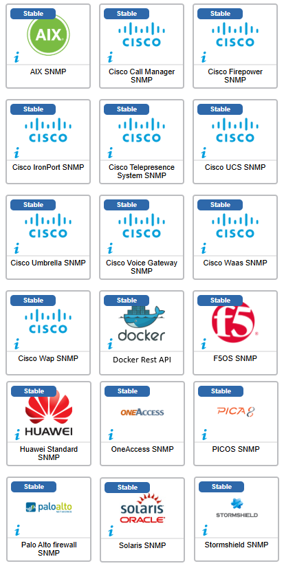 18 Centreon monitoring connectors enhanced in August 2026, mostly SNMP: AIX, a dozen Cisco ones (Call Manager, Firepower, UCS, Umbrella...), F5OS, Huawei, OneAccess, PICOS, Palo Alto, Solaris, Stormshield, plus Docker Rest API