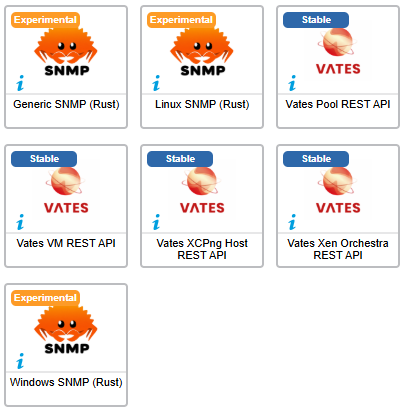 Les 7 nouveaux connecteurs de supervision de septembre 2026 : 4 connecteurs Vates REST API marqués Stable (Pool, VM, XCP-ng Host, Xen Orchestra) et 3 connecteurs SNMP en Rust marqués Experimental (Generic, Linux, Windows)