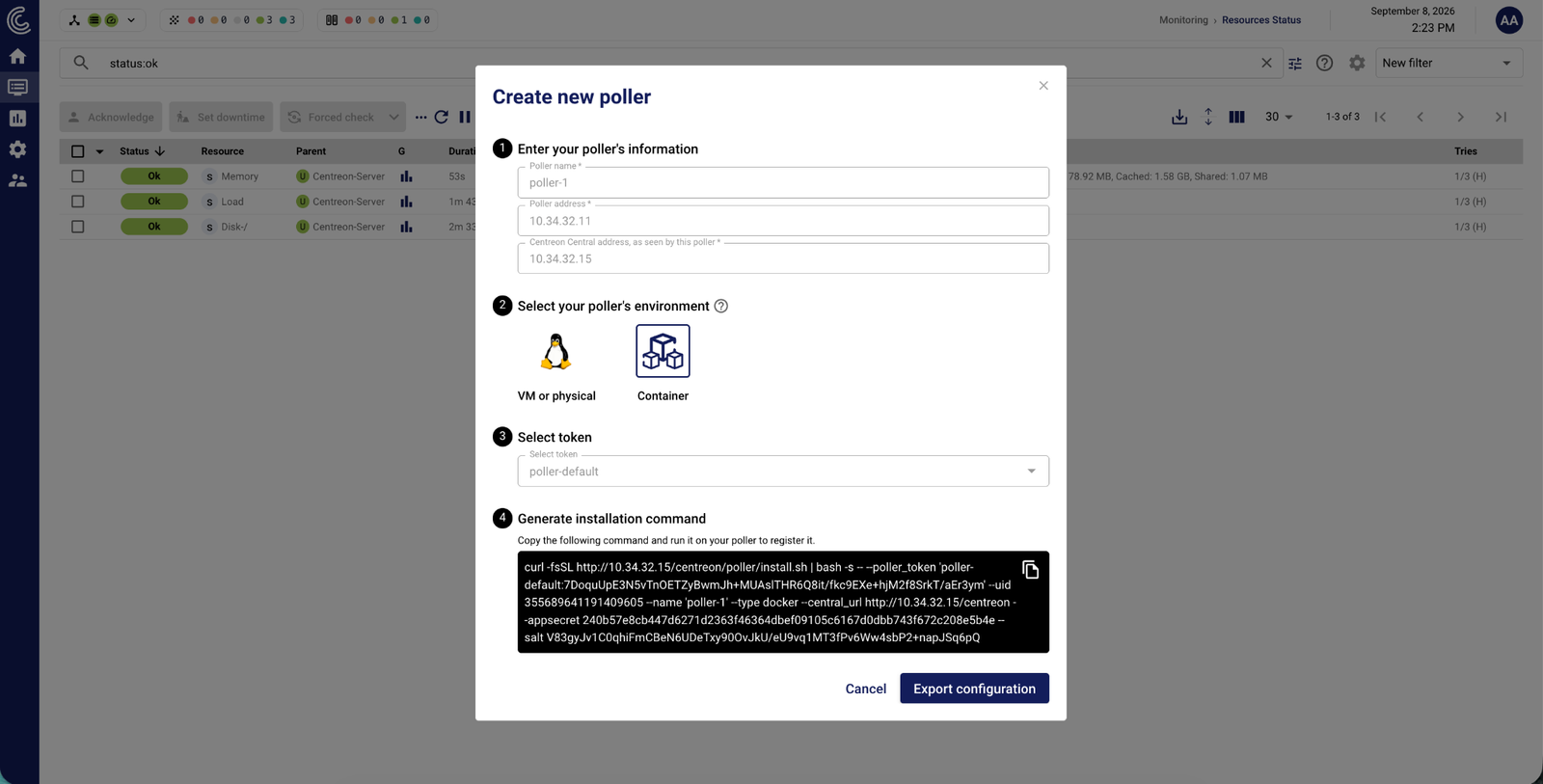 Centreon Infra Monitoring 26.10: the Create new poller wizard generating the installation command