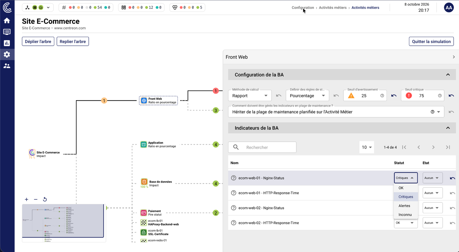 BAM simulation mode: changing a KPI’s status and watching the impact propagate through the tree
