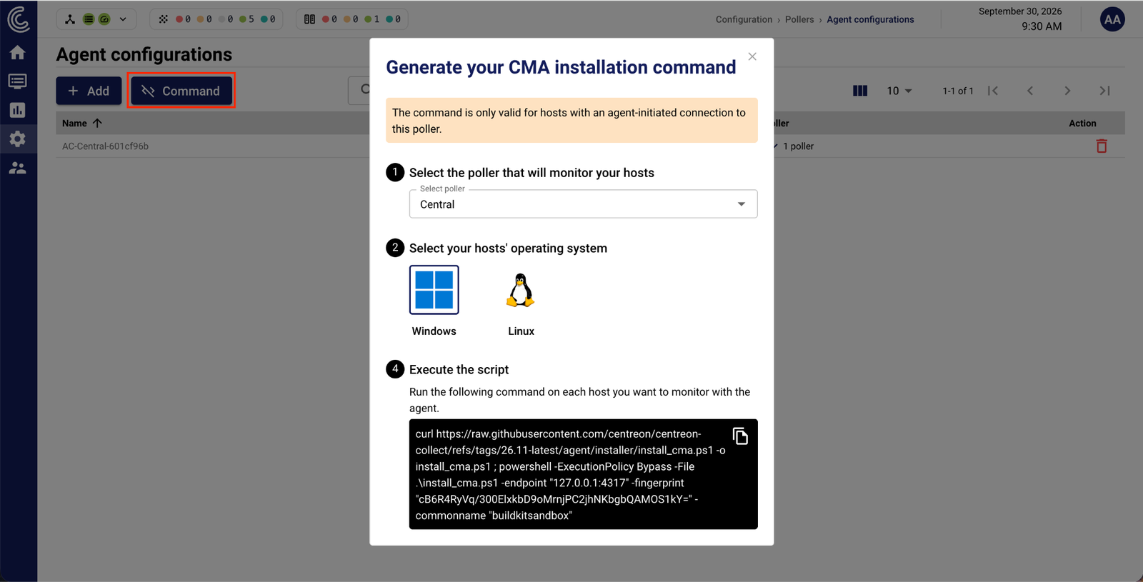 Generating the Centreon Monitoring Agent installation command for Windows or Linux