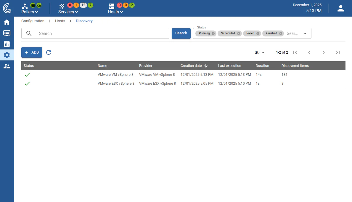 Centreon host discovery: VMware vSphere discovery jobs