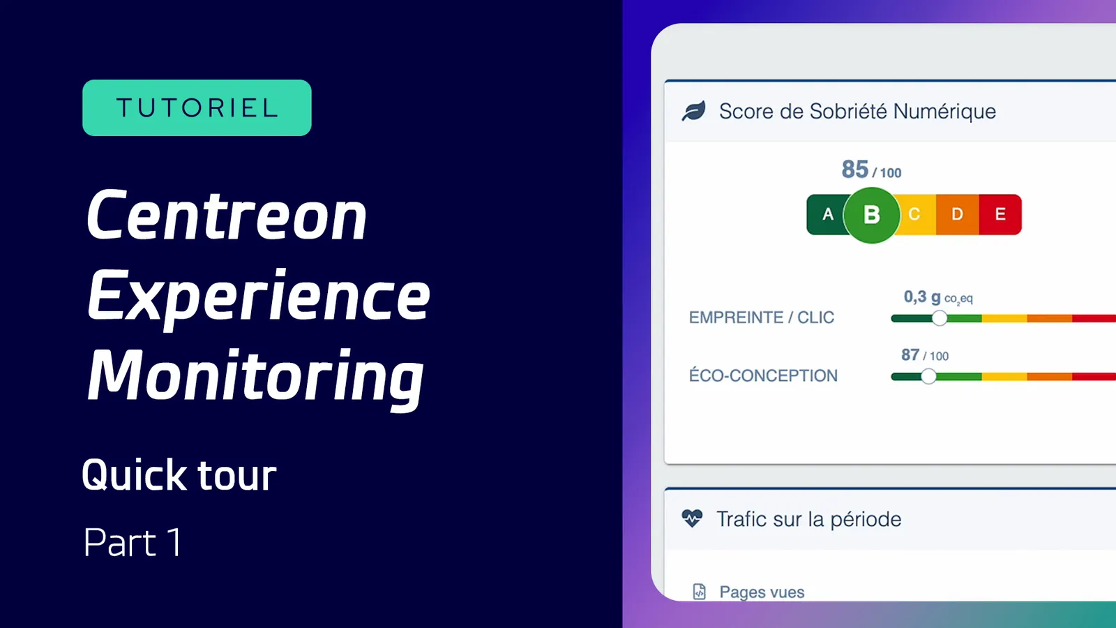 Centreon Experience Monitoring quick tour tutorial, part 1: digital sobriety score and traffic over the period