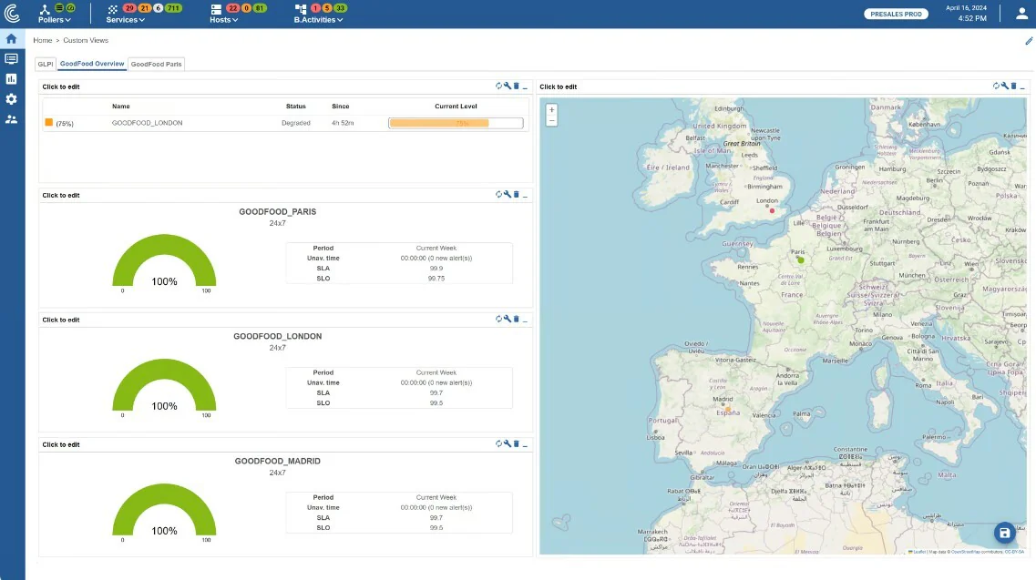 Centreon dashboard: availability gauges for the Paris, London and Madrid sites and a map of Europe